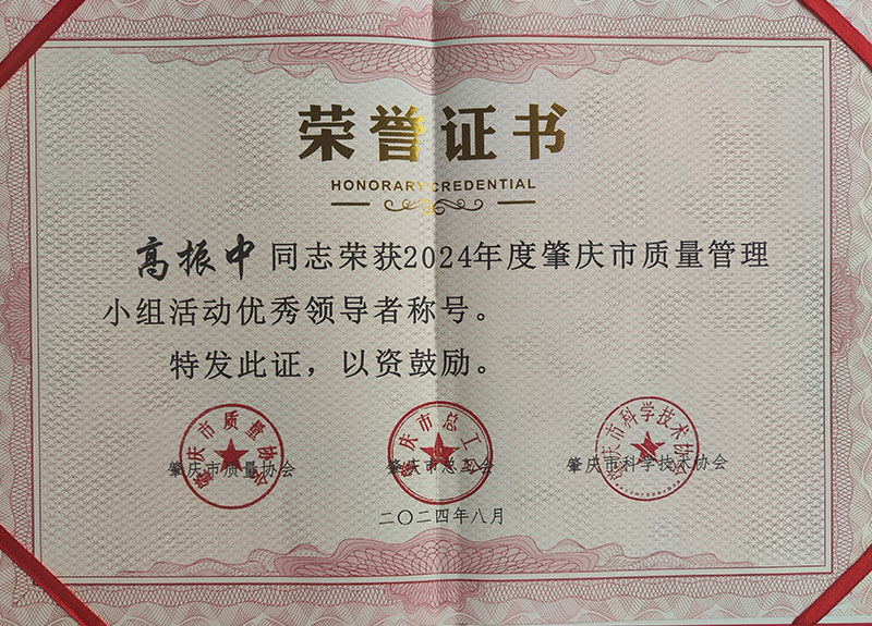 高振中同志榮獲2024年度肇慶市質量管理小組活動優秀領導者稱